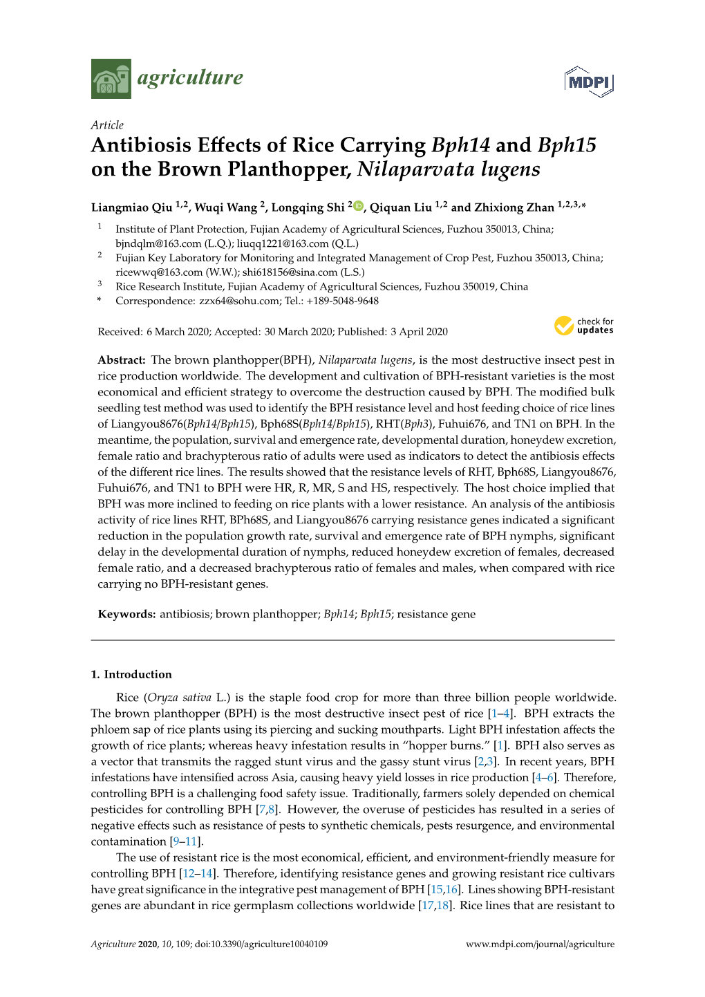 Antibiosis Effects of Rice Carrying Bph14 and Bph15 on the Brown