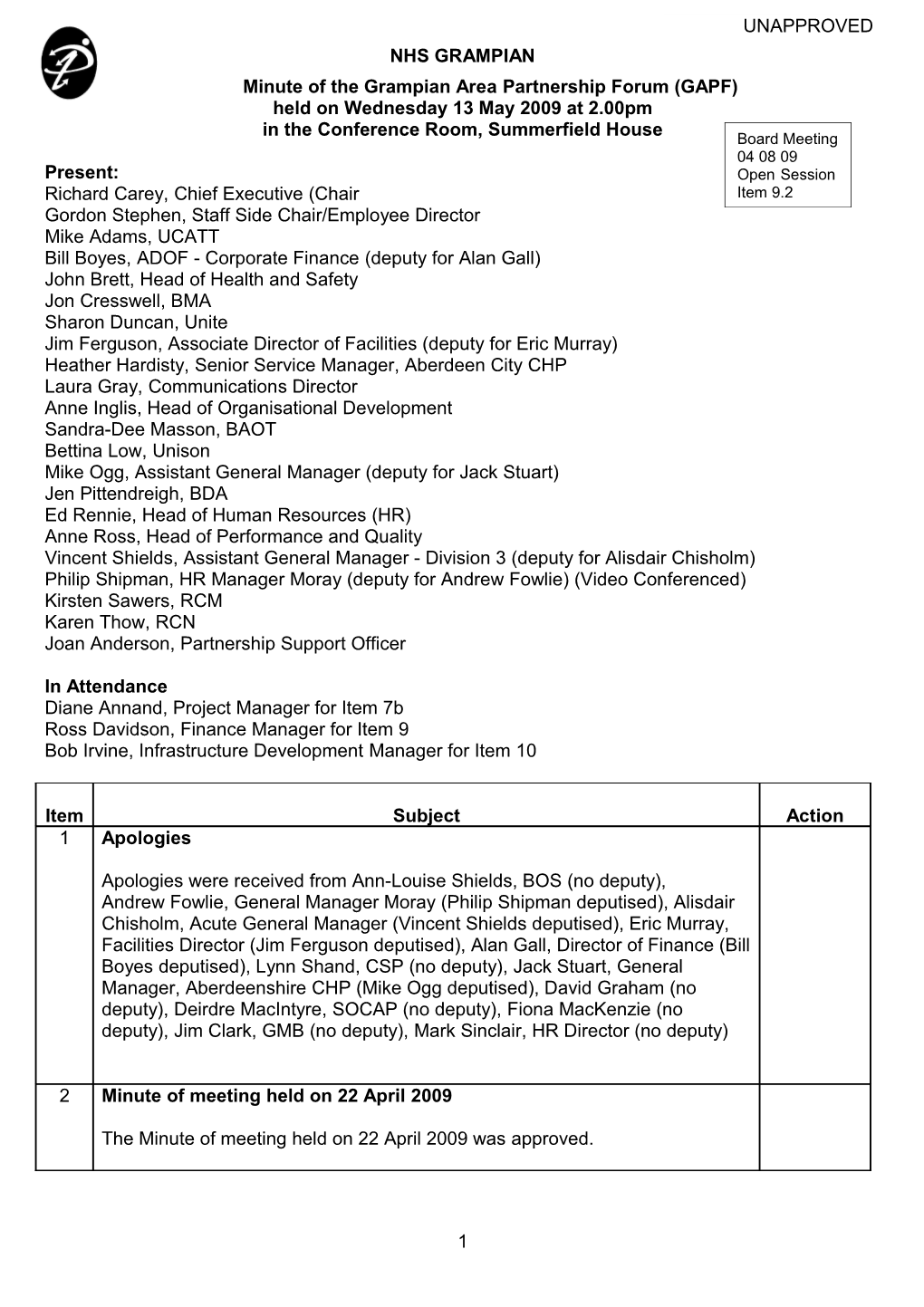 Item 9.2 for 4 Aug 09 Grampian Area Partnership Forum Minute of 13 May 2009