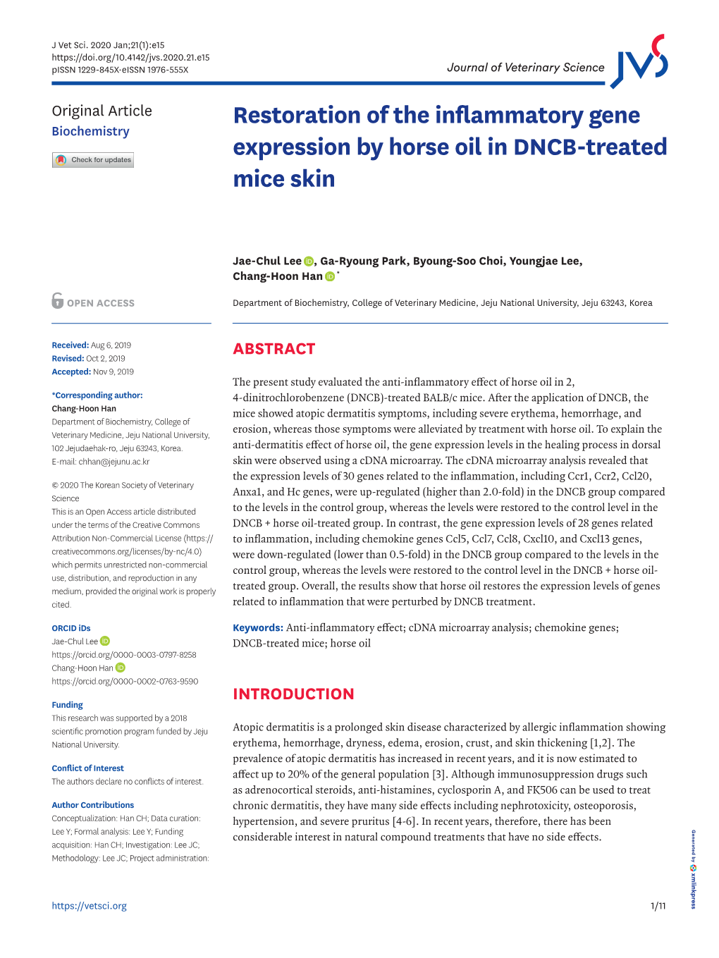 Restoration of the Inflammatory Gene Expression by Horse Oil in DNCB