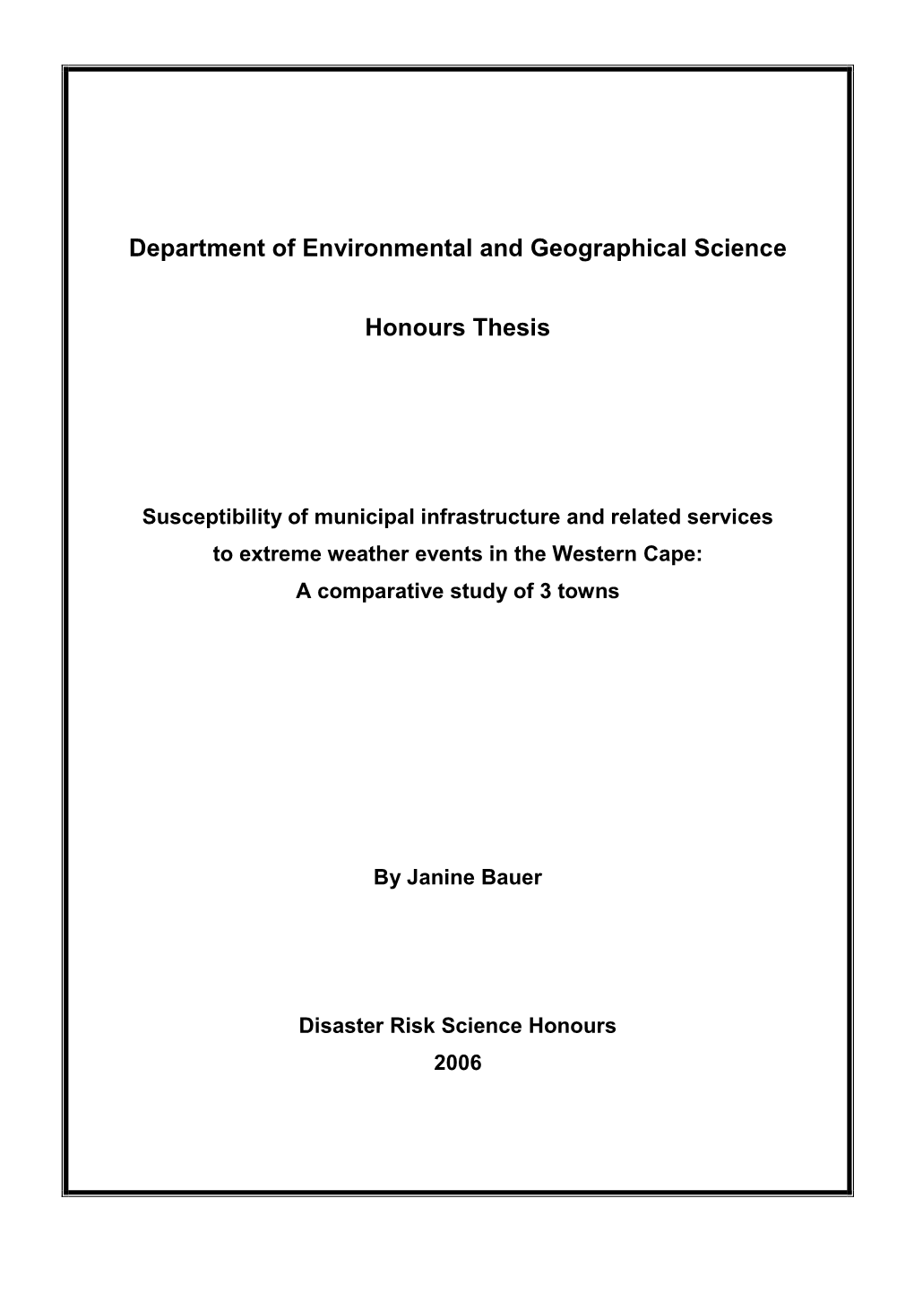 Department of Environmental and Geographical Science Honours