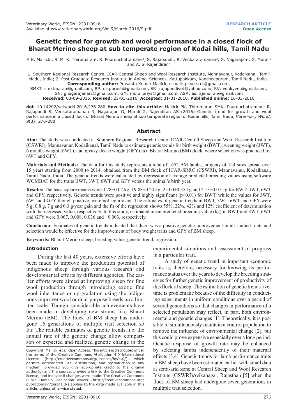 Genetic Trend for Growth and Wool Performance in a Closed Flock of Bharat Merino Sheep at Sub Temperate Region of Kodai Hills, Tamil Nadu