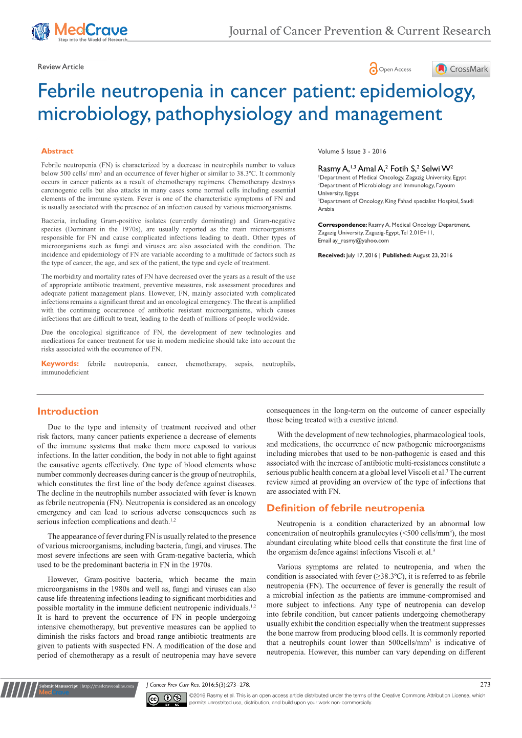 Febrile Neutropenia in Cancer Patient: Epidemiology, Microbiology, Pathophysiology and Management
