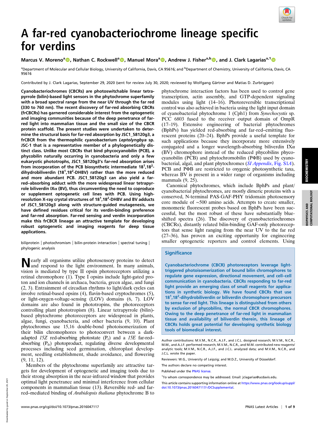 A Far-Red Cyanobacteriochrome Lineage Specific for Verdins