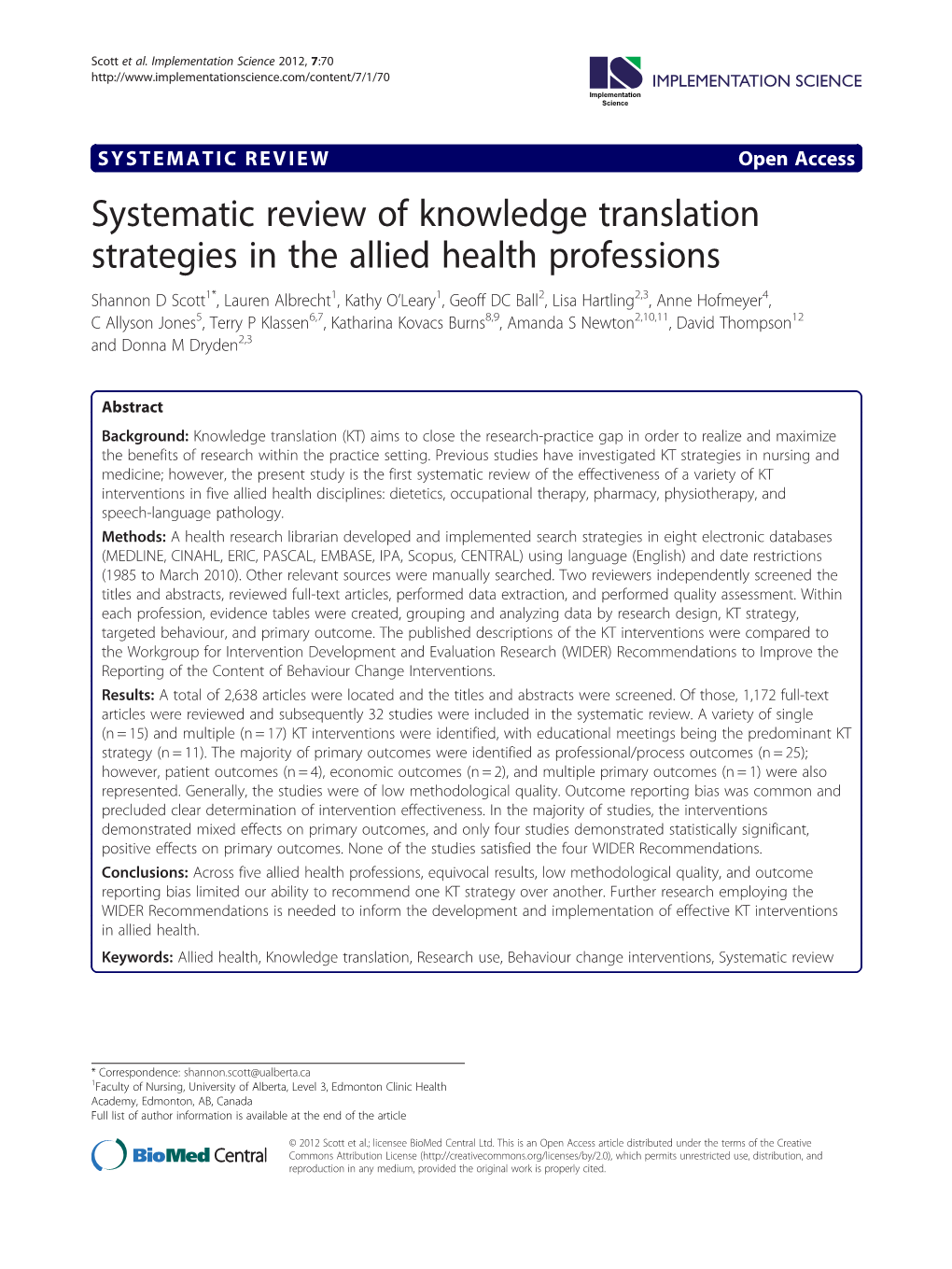 Systematic Review of Knowledge Translation Strategies in the Allied