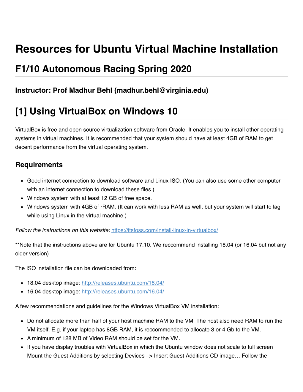 Resources for Ubuntu Virtual Machine Installation
