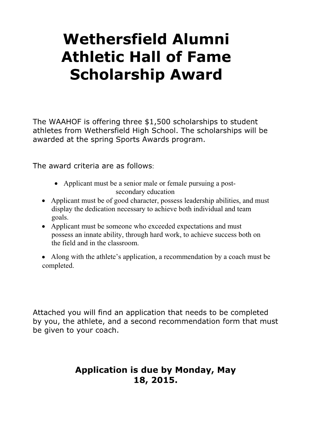 Wethersfield Alumni Association Hall of Fame Scholarship Award