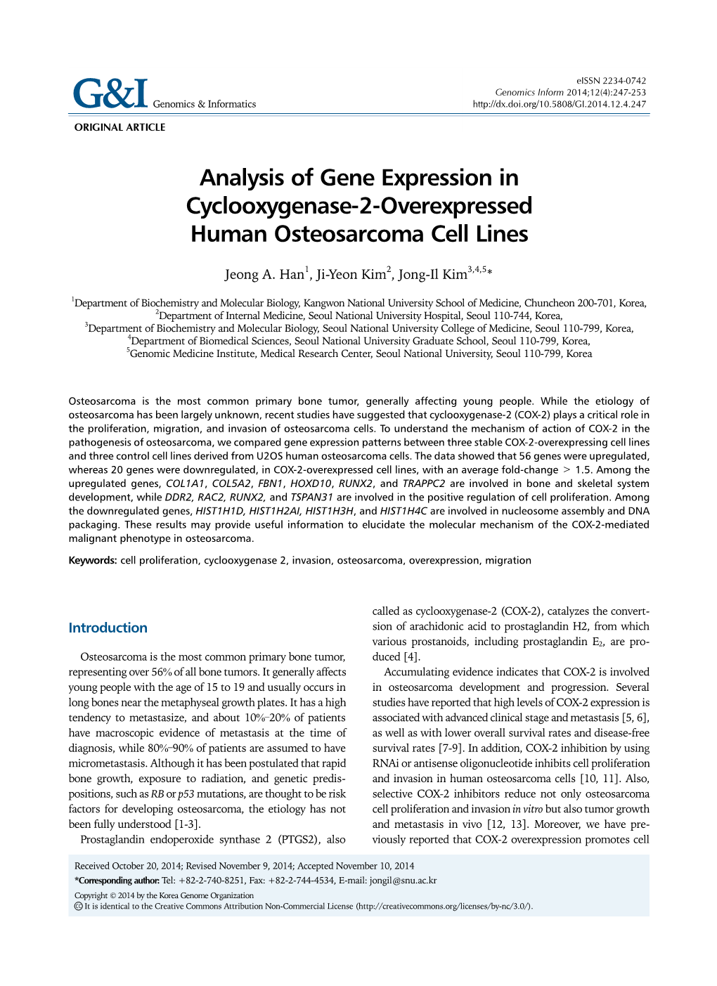 Analysis of Gene Expression in Cyclooxygenase-2-Overexpressed Human Osteosarcoma Cell Lines