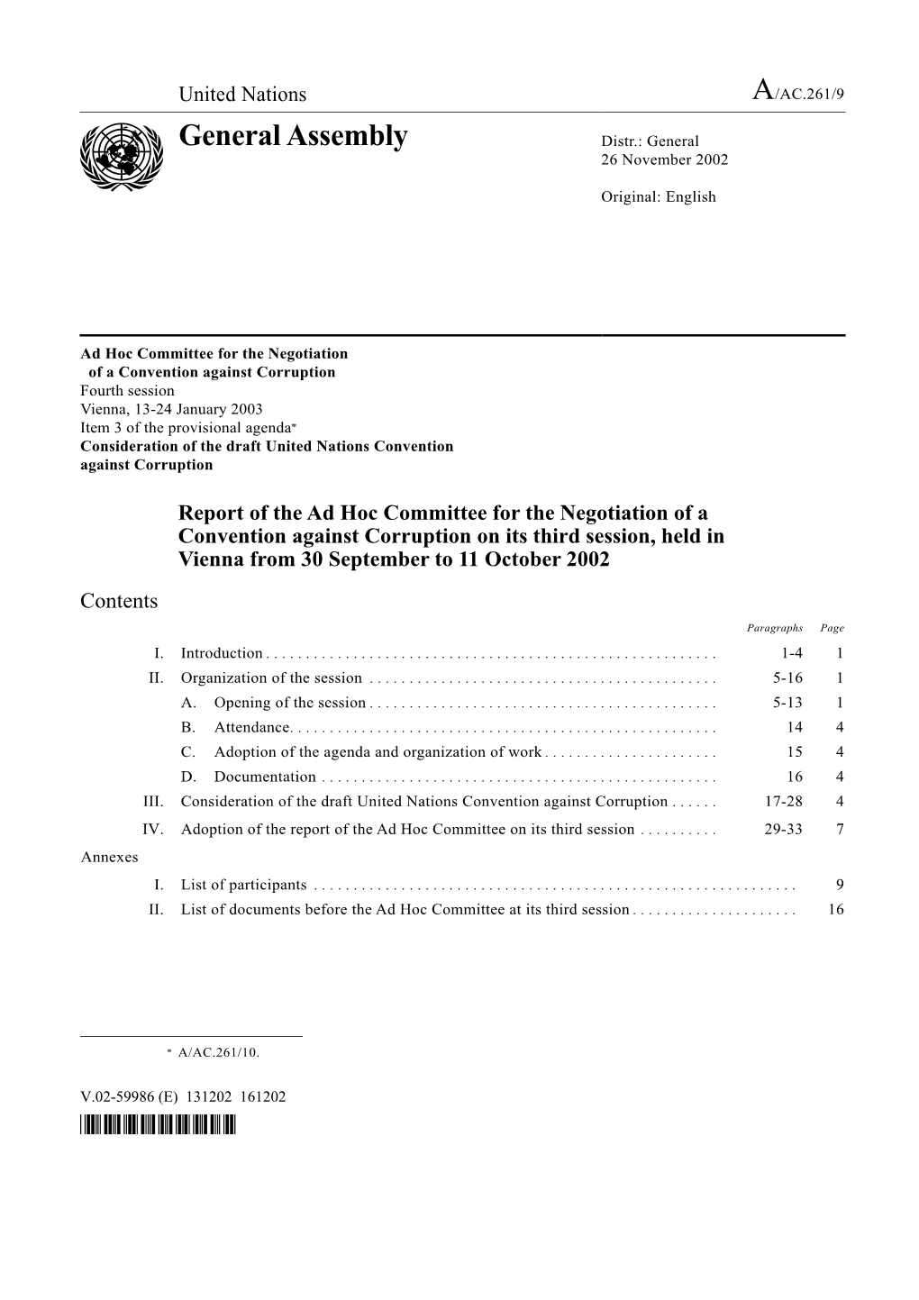 Report of the Ad Hoc Committee for the Negotiation of a Convention Against Corruption on Its Third Session, Held in Vienna from 30 September to 11 October 2002