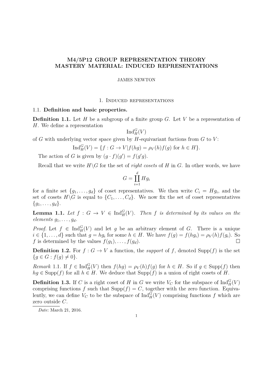 M4/5P12 Group Representation Theory Mastery Material: Induced Representations