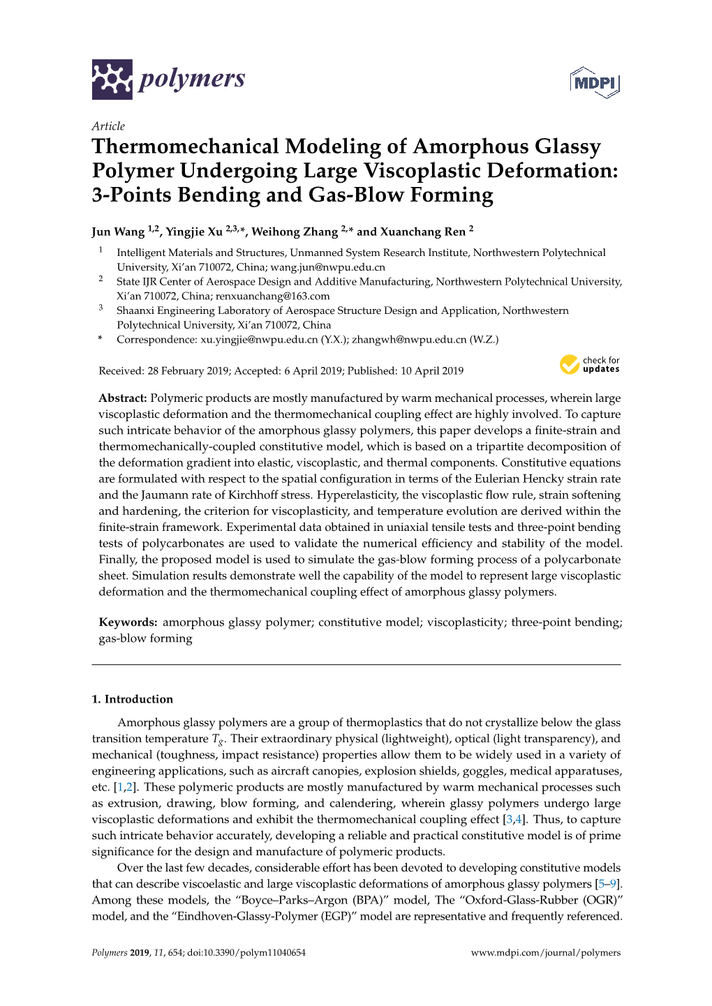 Thermomechanical Modeling of Amorphous Glassy Polymer Undergoing Large Viscoplastic Deformation: 3-Points Bending and Gas-Blow Forming