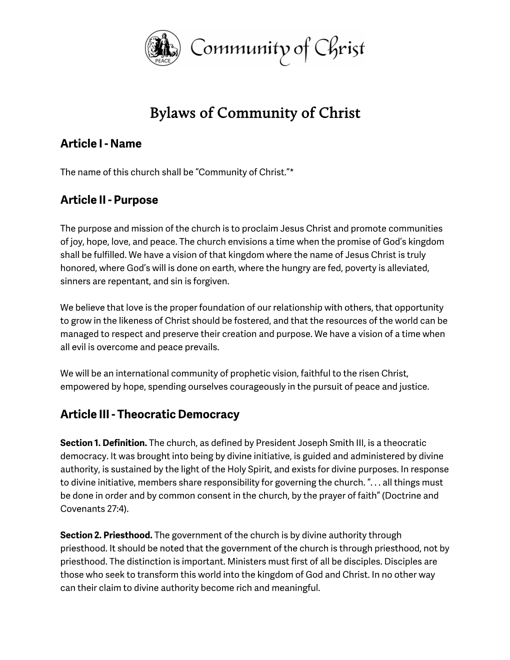 Bylaws of Community of Christ