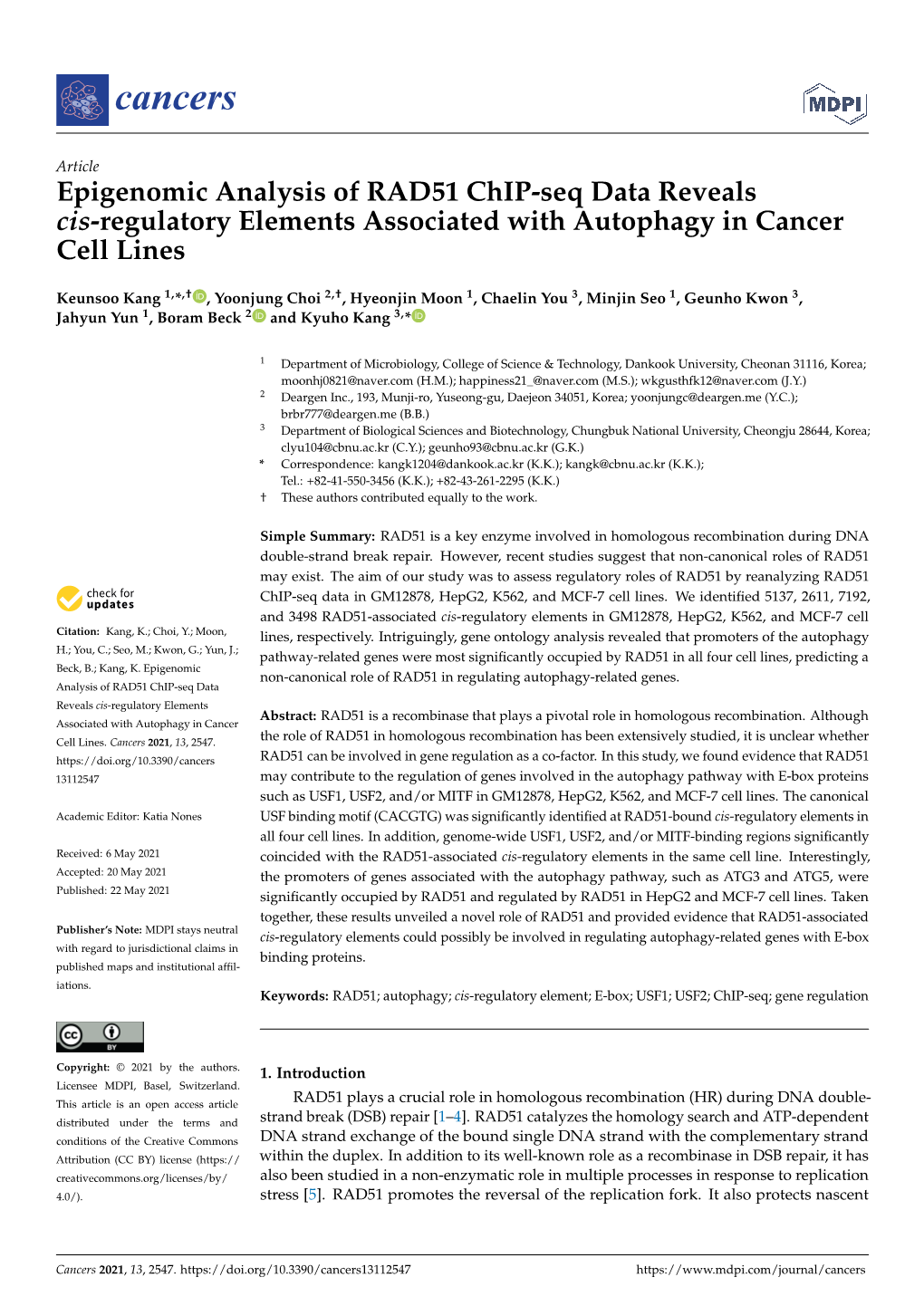 Epigenomic Analysis of RAD51 Chip-Seq Data Reveals Cis-Regulatory Elements Associated with Autophagy in Cancer Cell Lines