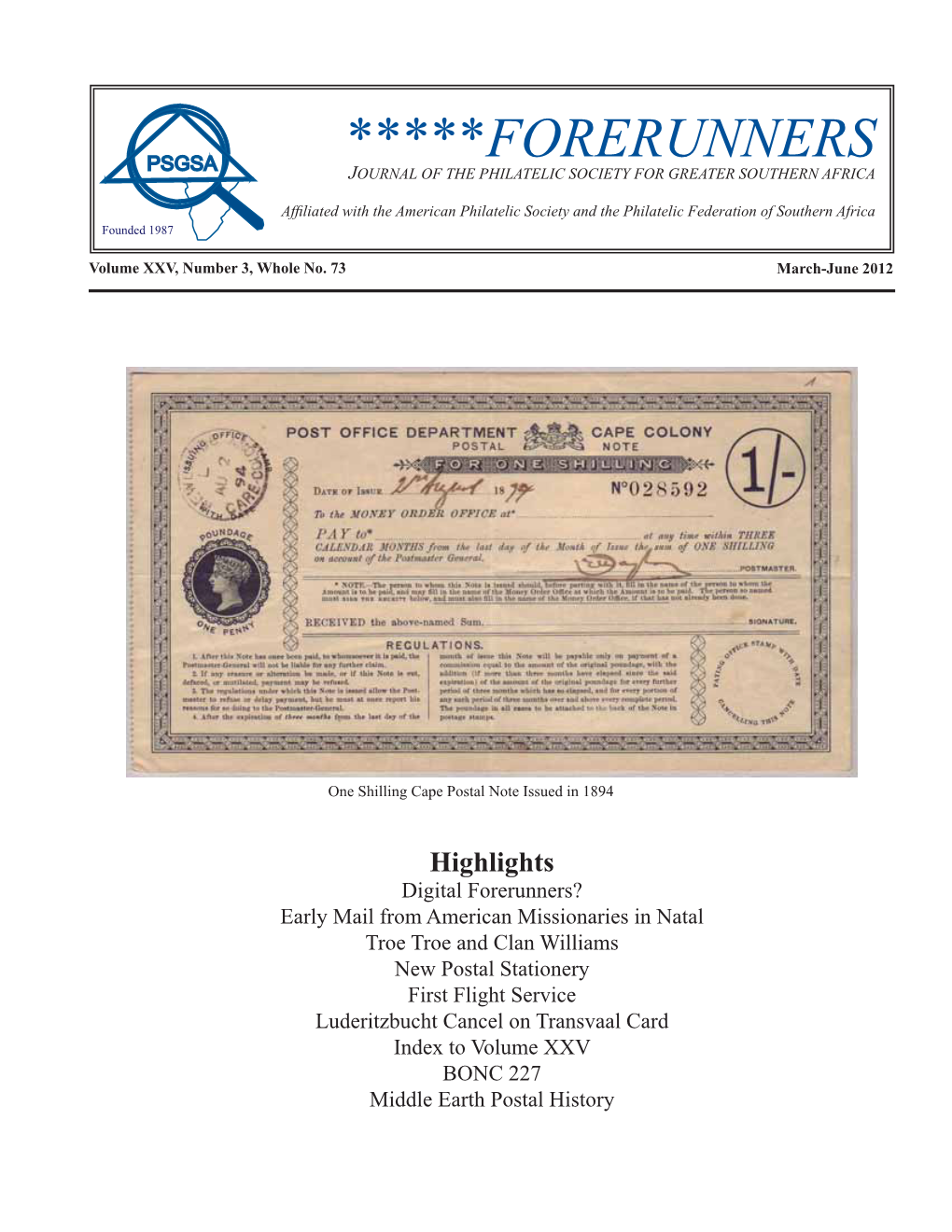 *****Forerunners Journal of the Philatelic Society for Greater Southern Africa