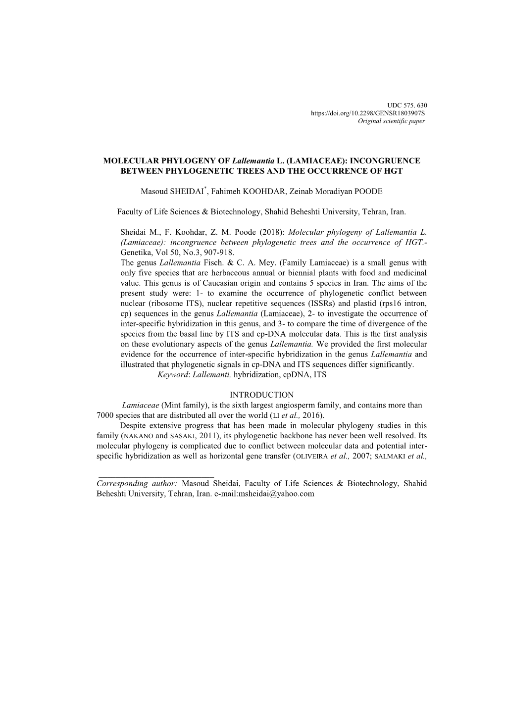 MOLECULAR PHYLOGENY of Lallemantia L. (LAMIACEAE): INCONGRUENCE BETWEEN PHYLOGENETIC TREES and the OCCURRENCE of HGT