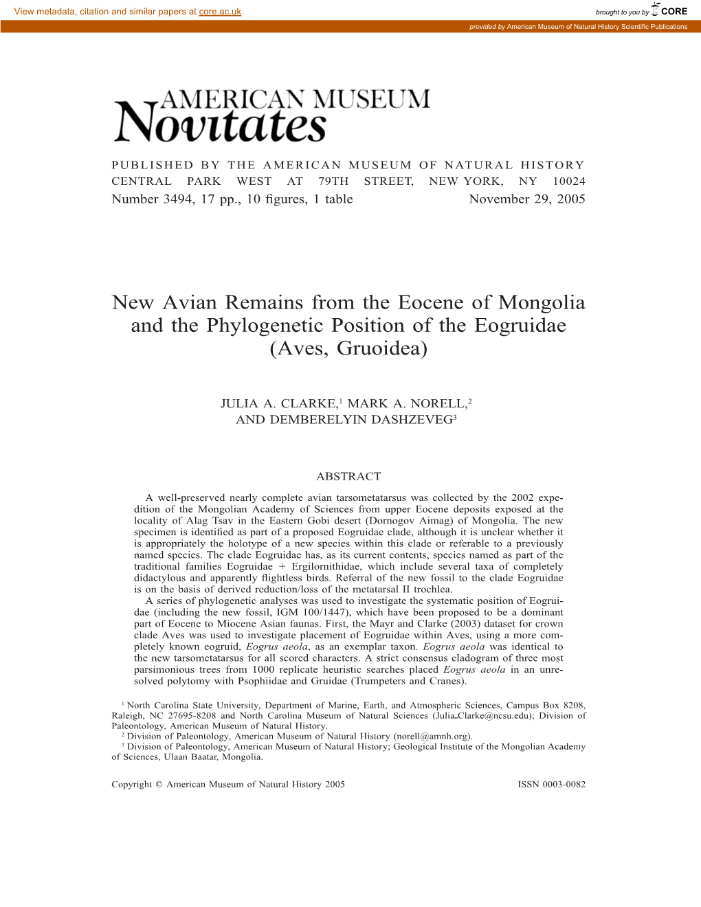 New Avian Remains from the Eocene of Mongolia and the Phylogenetic Position of the Eogruidae (Aves, Gruoidea)