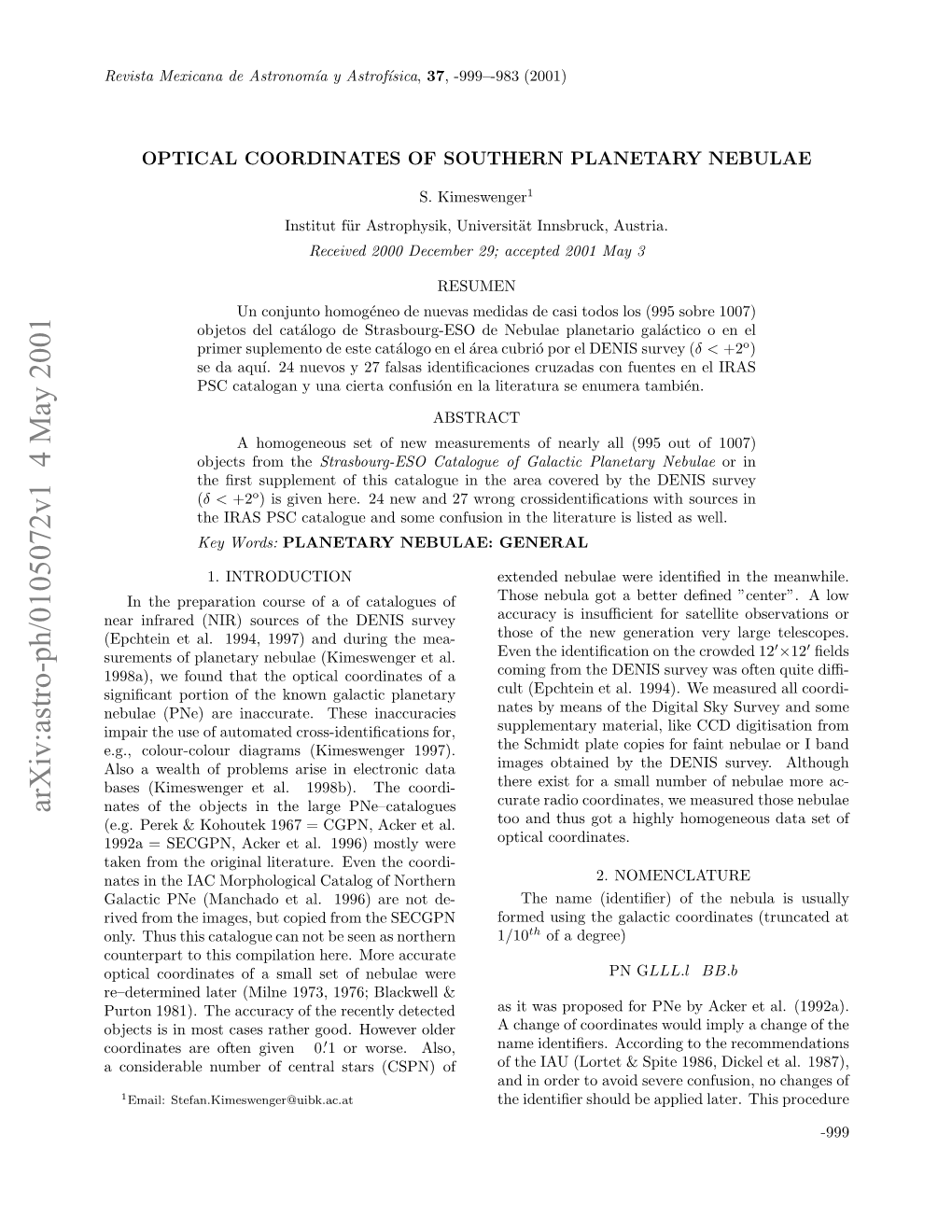 Arxiv:Astro-Ph/0105072V1 4 May 2001 Eit Eiaad Srnmı Astrof´Isica Astronom´Ia Y De Mexicana Revista Bet Si Otcssrte Od Oee Older Given However Often Good