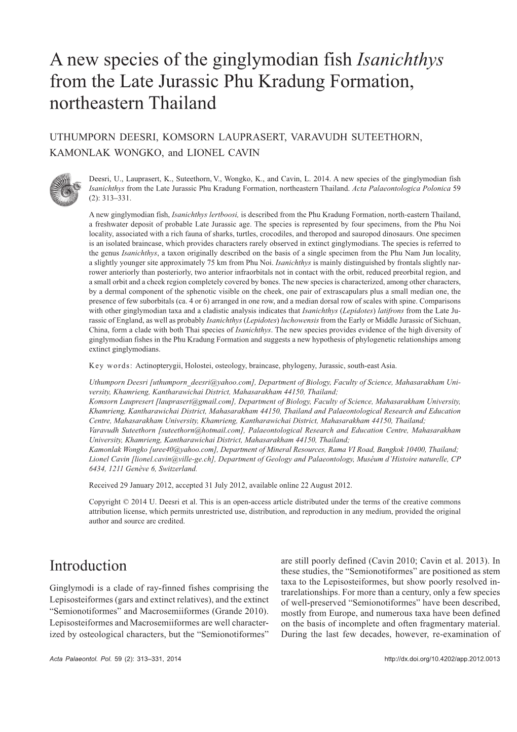 A New Species of the Ginglymodian Fish Isanichthys from the Late Jurassic Phu Kradung Formation, Northeastern Thailand