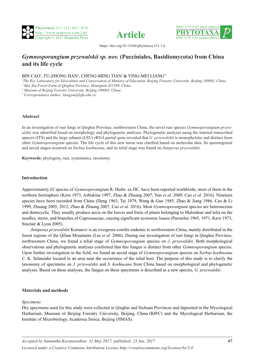 Gymnosporangium Przewalskii Sp. Nov. (Pucciniales, Basidiomycota) from China and Its Life Cycle