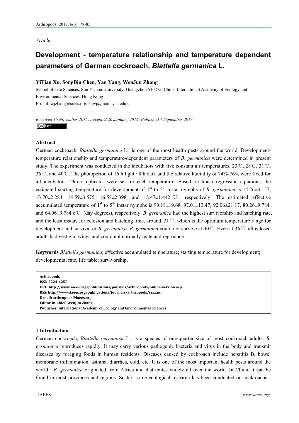 Temperature Relationship and Temperature Dependent Parameters of German Cockroach, Blattella Germanica L