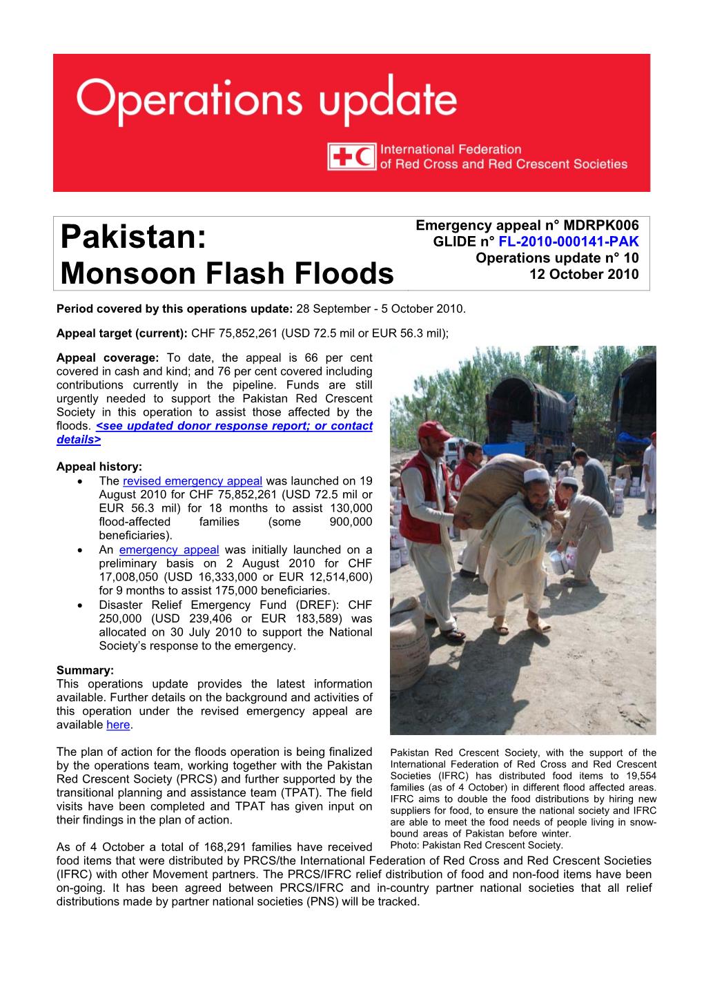 Pakistan: GLIDE N° FL-2010-000141-PAK Operations Update N° 10 Monsoon Flash Floods 12 October 2010