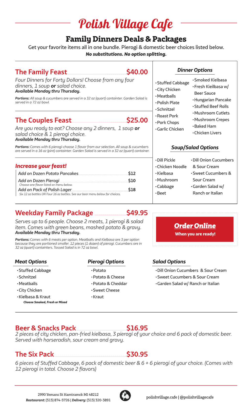 Polish Village Cafe Family Dinners Deals & Packages Get Your Favorite Items All in One Bundle