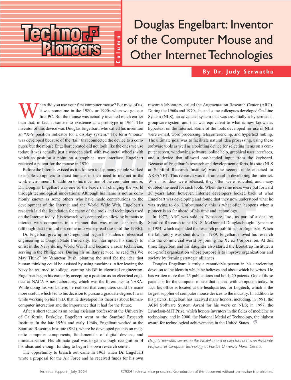 Douglas Engelbart: Inventor of the Computer Mouse and Other Internet Technologies Column by Dr
