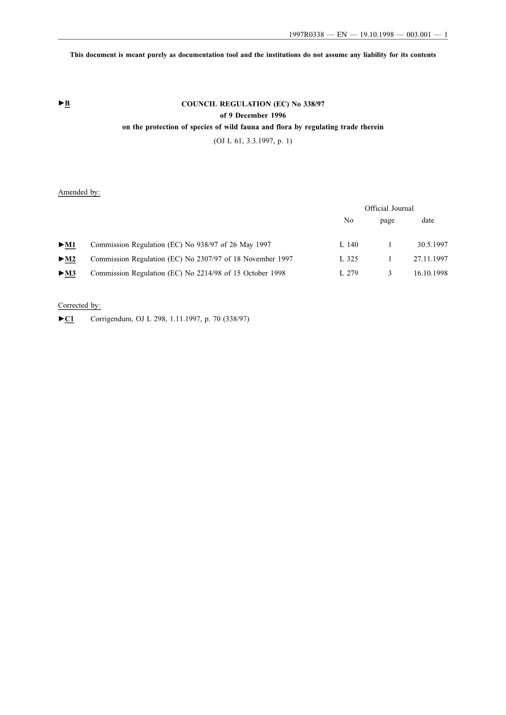 COUNCIL REGULATION (EC) No 338/97 of 9 December 1996 on the Protection of Species of Wild Fauna and Flora by Regulating Trade Therein (OJ L 61, 3.3.1997, P