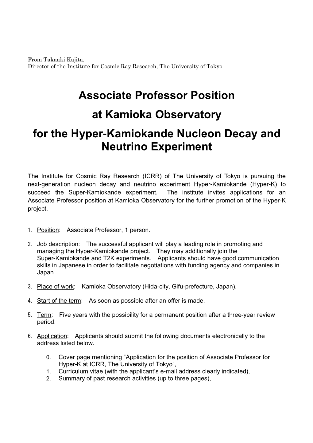 Call for Associate Professor Position at Kamioka Observatory for Hyper