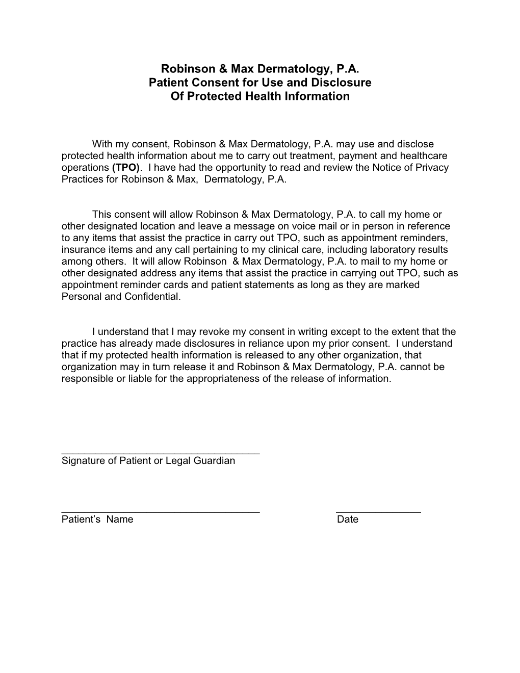 Patient Consent for Use and Disclosure