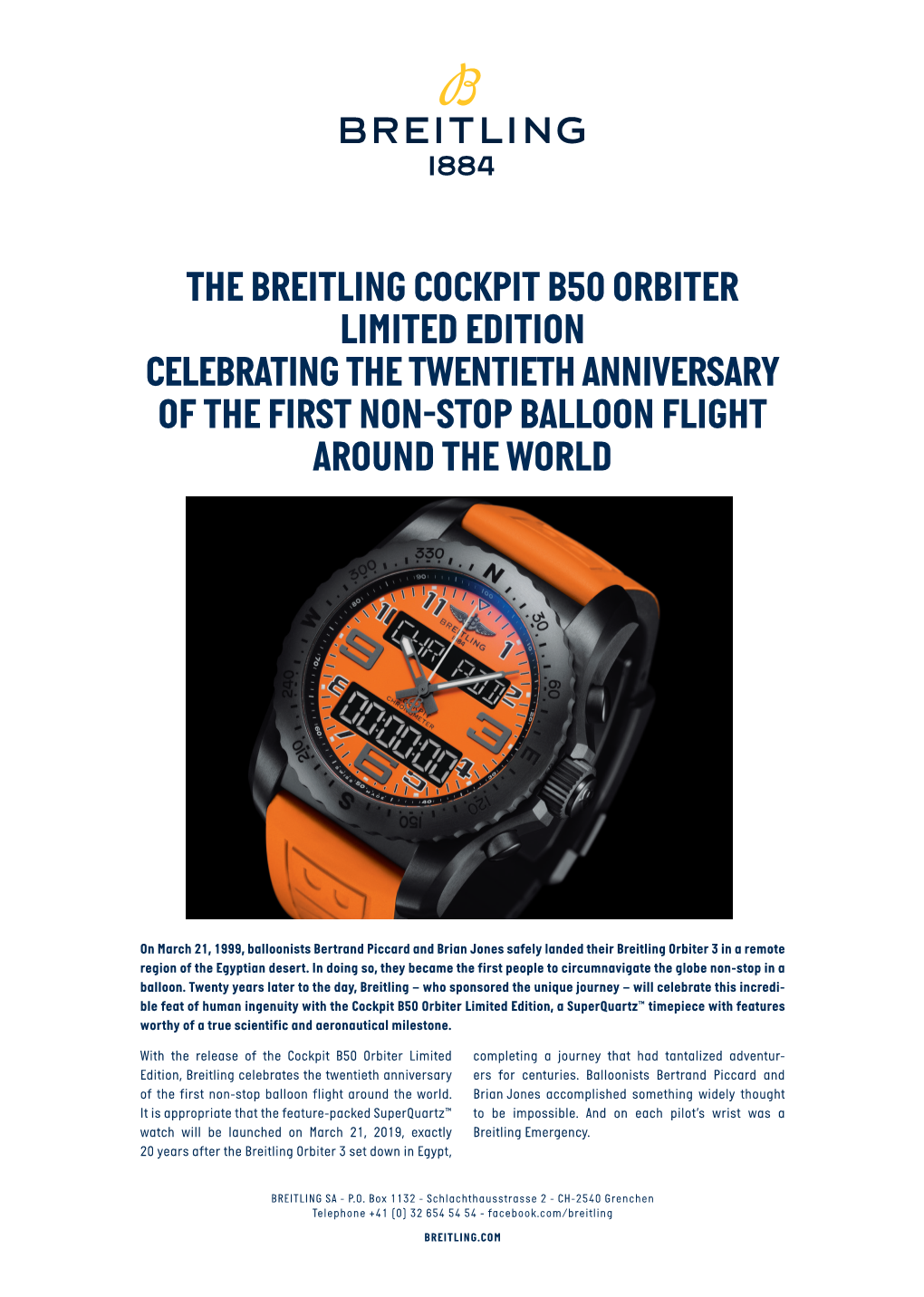 The Breitling Cockpit B50 Orbiter Limited Edition Celebrating the Twentieth Anniversary of the First Non-Stop Balloon Flight Around the World