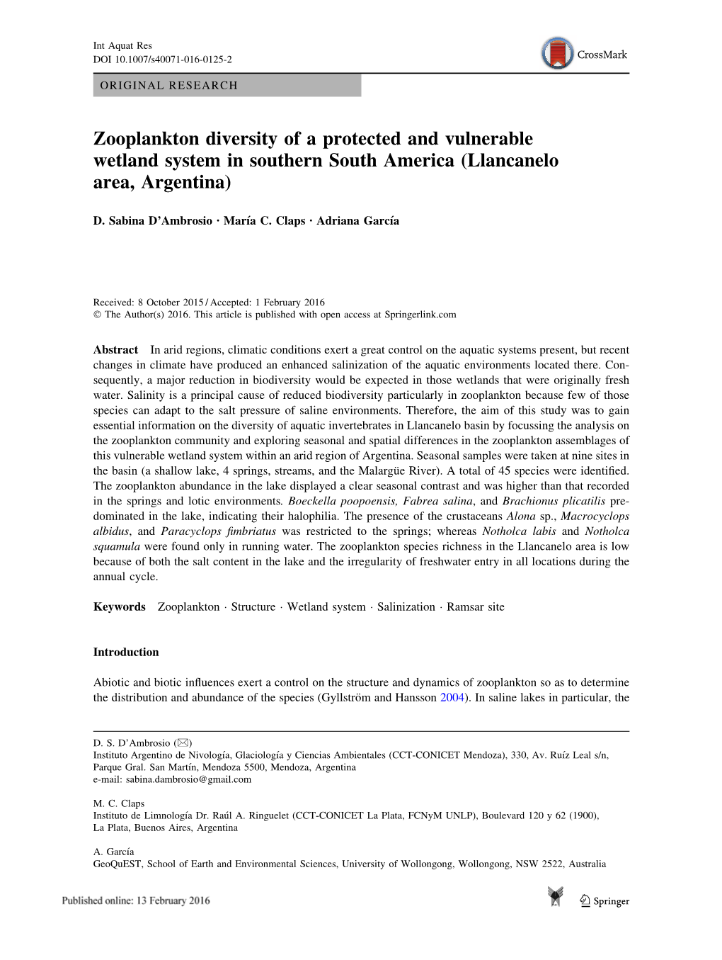 Zooplankton Diversity of a Protected and Vulnerable Wetland System in Southern South America (Llancanelo Area, Argentina)