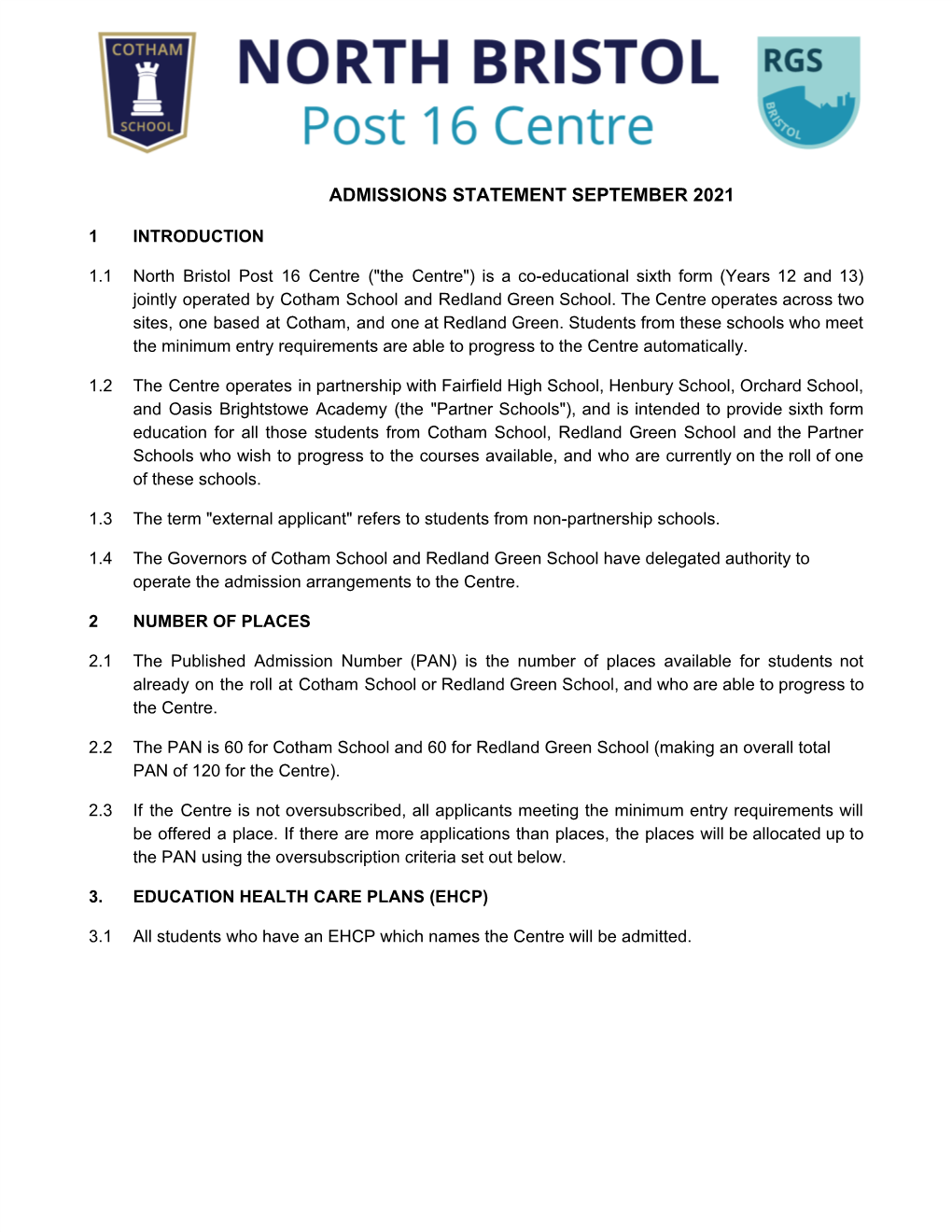 Admissions Statement September 2021