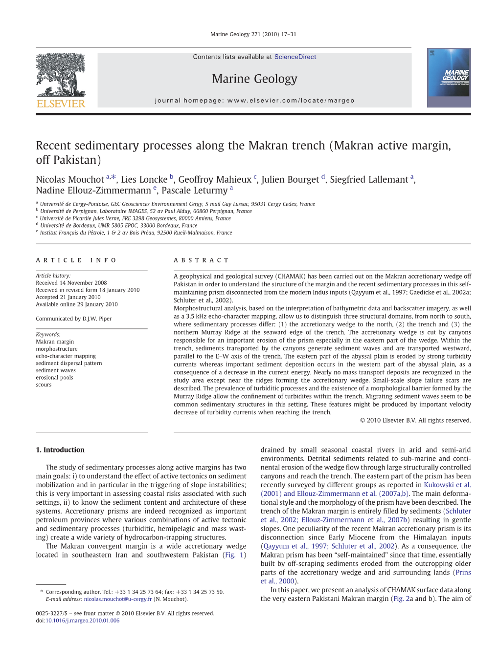 Recent Sedimentary Processes Along the Makran Trench (Makran Active Margin, Off Pakistan)