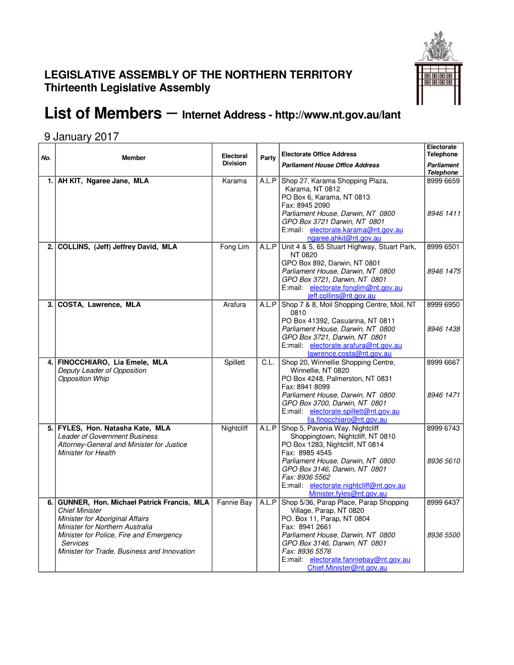 LEGISLATIVE ASSEMBLY of the NORTHERN TERRITORY Thirteenth Legislative Assembly