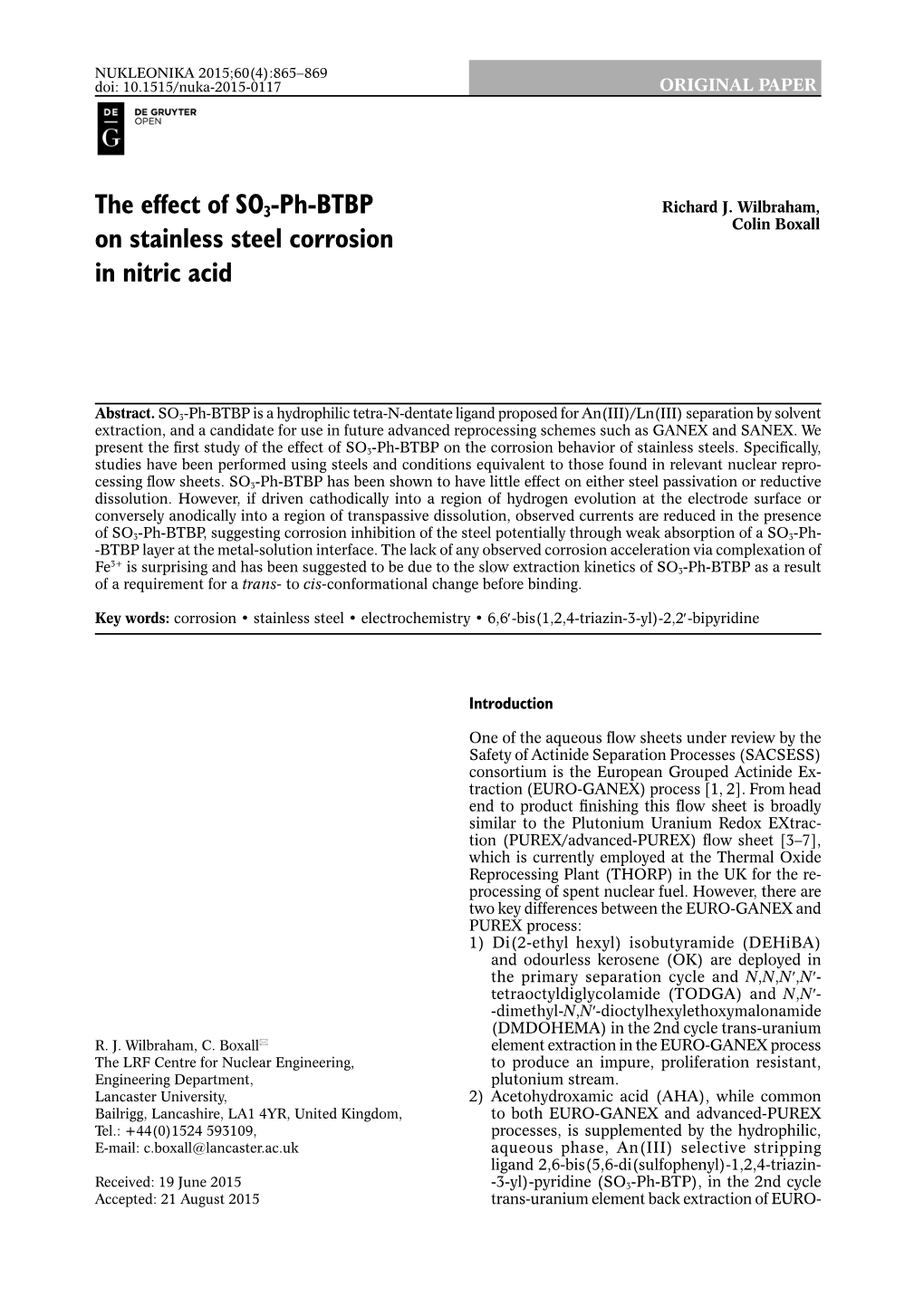 The Effect of SO3-Ph-BTBP on Stainless Steel Corrosion in Nitric Acid 867