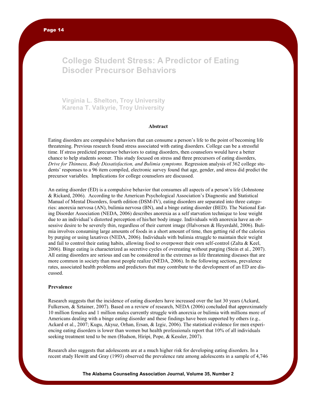 College Student Stress: a Predictor of Eating Disoder Precursor Behaviors