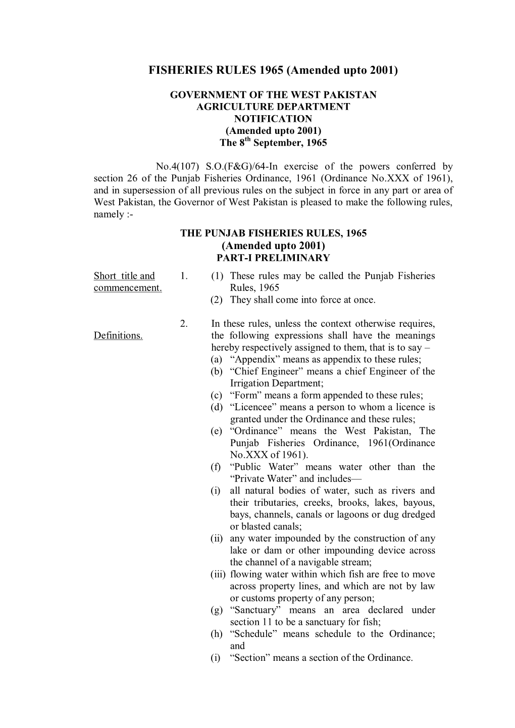 FISHERIES RULES 1965 (Amended Upto 2001)