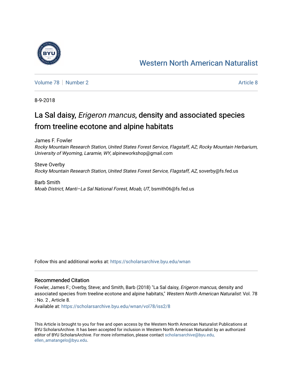 La Sal Daisy, Erigeron Mancus, Density and Associated Species from Treeline Ecotone and Alpine Habitats