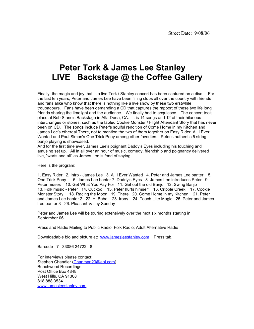 Peter Tork & James Lee Stanley LIVE Backstage @ the Coffee Gallery