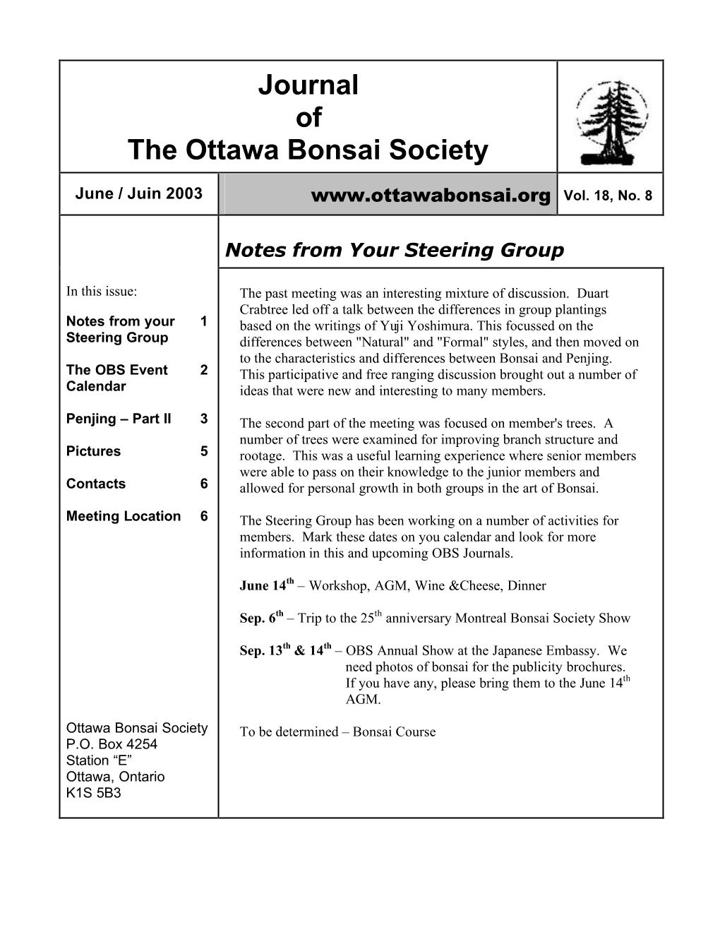 Journal of the Ottawa Bonsai Society June / Juin 2003 Vol