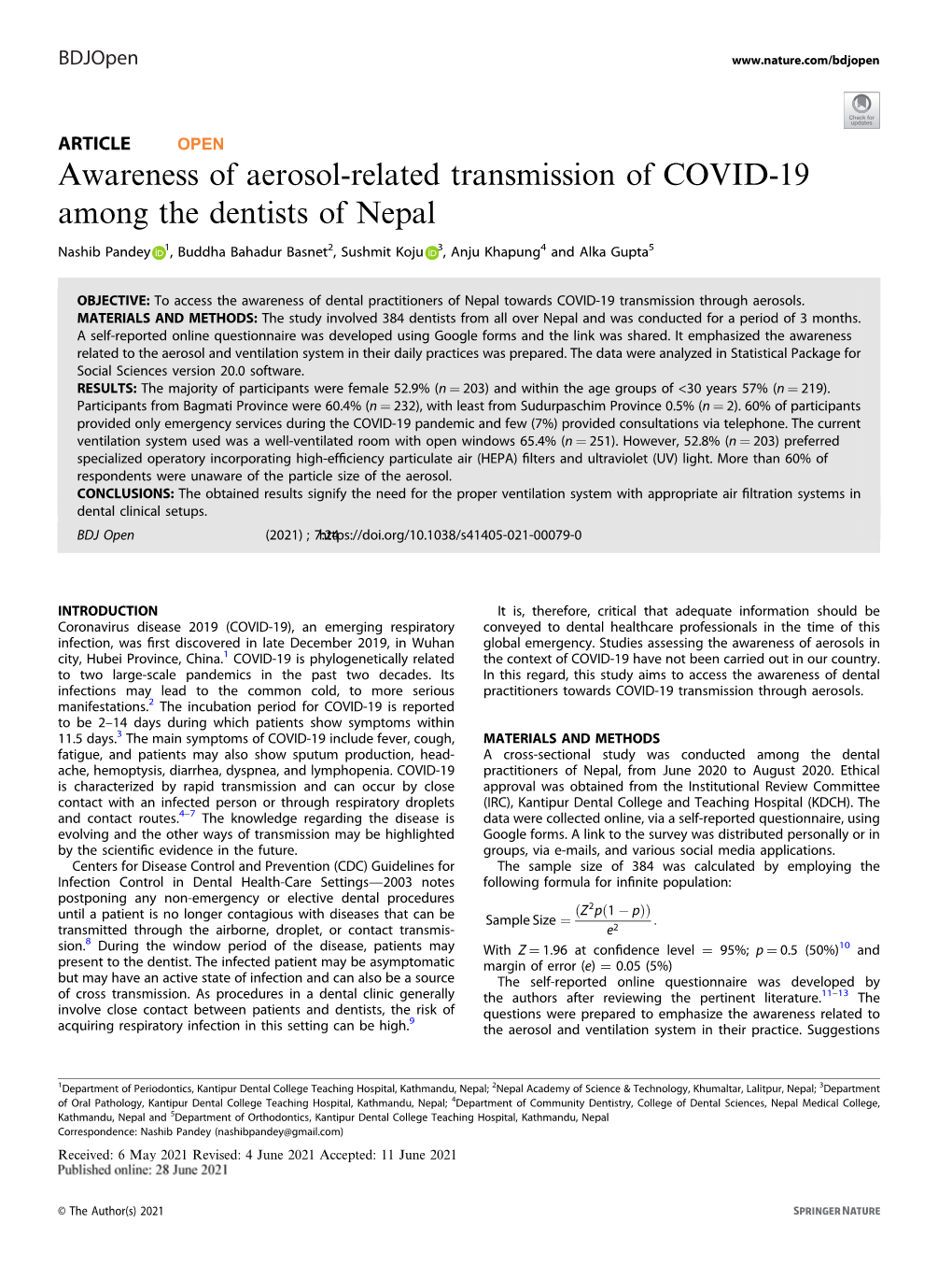 Awareness of Aerosol-Related Transmission of COVID-19 Among the Dentists of Nepal