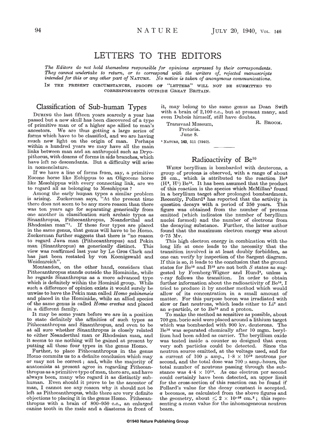 Classification of Sub-Human Types