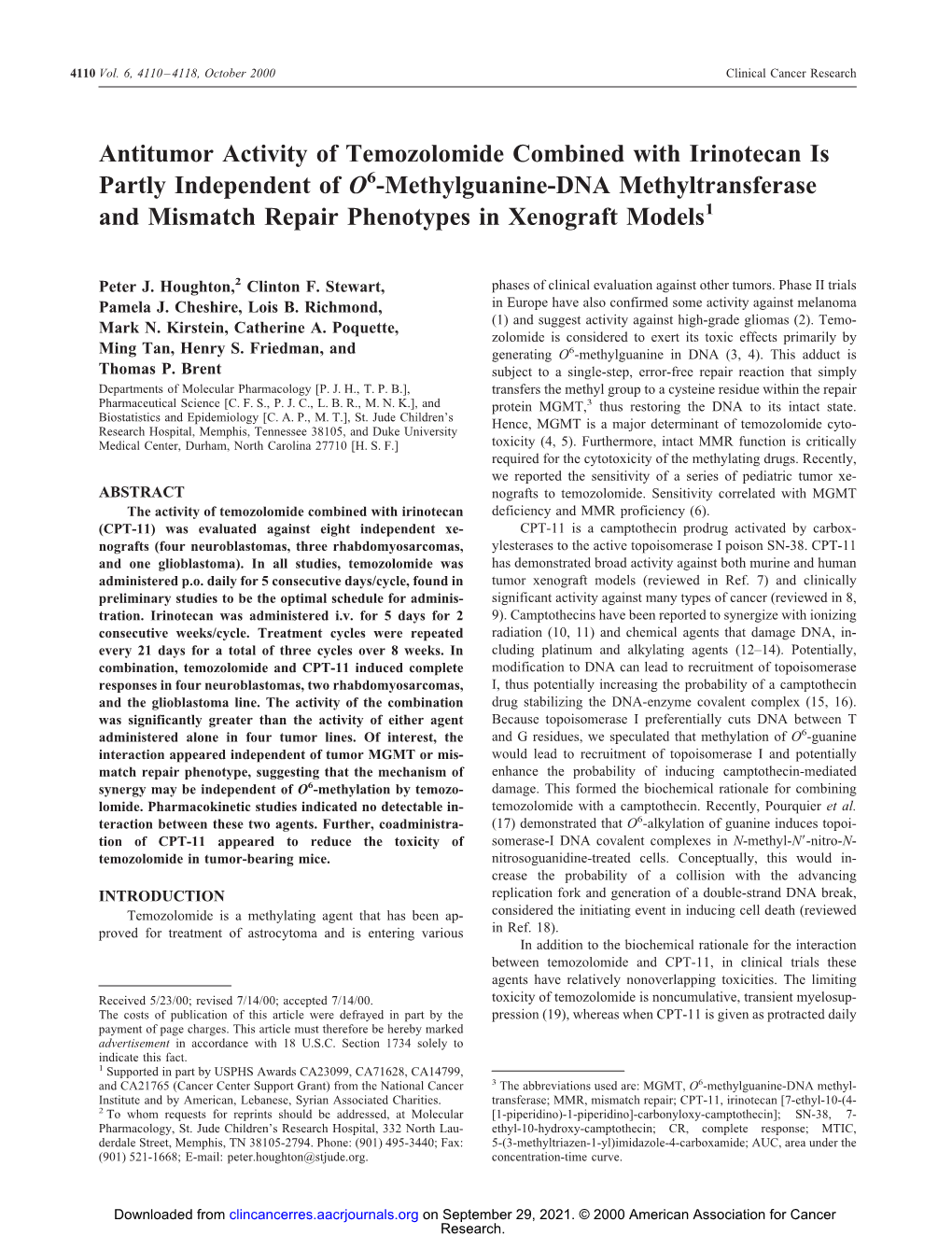 Antitumor Activity of Temozolomide Combined with Irinotecan Is Partly Independent of O6-Methylguanine-DNA Methyltransferase