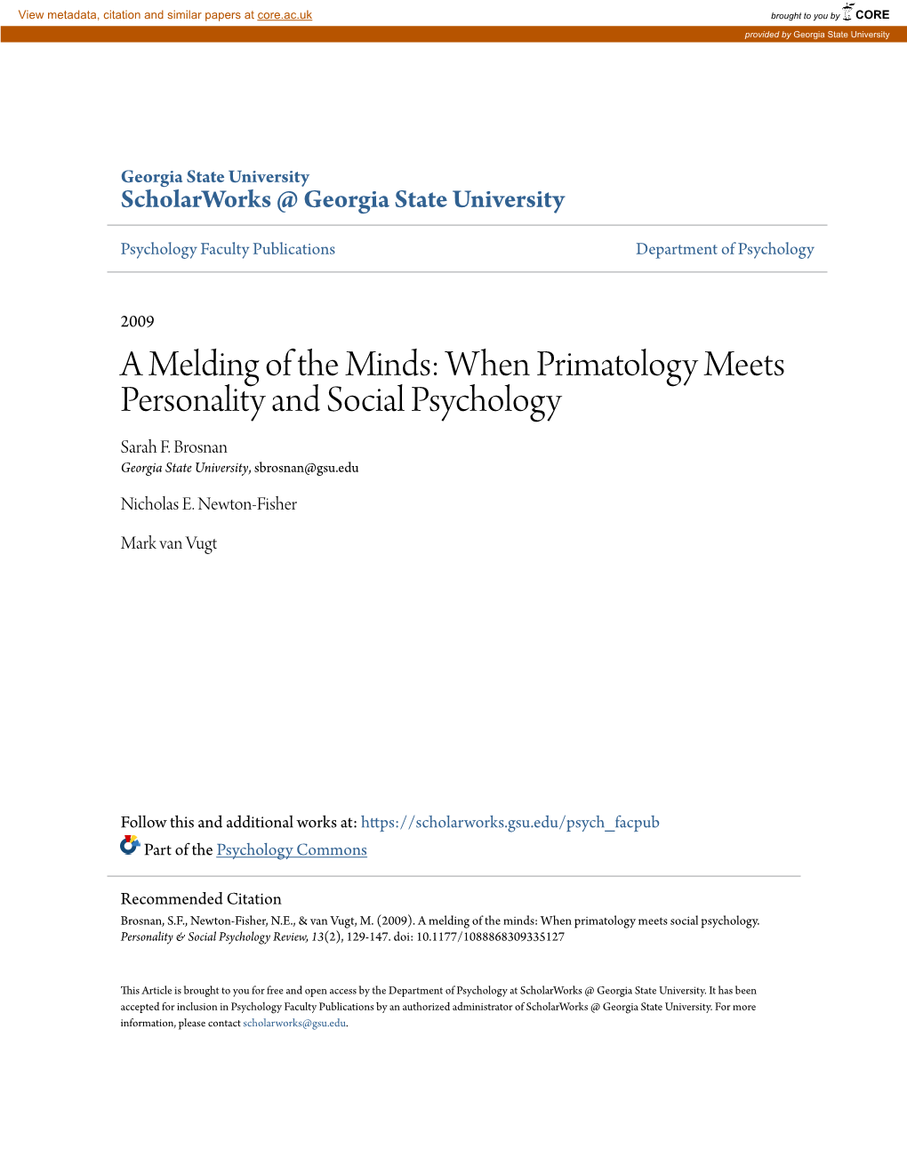 A Melding of the Minds: When Primatology Meets Personality and Social Psychology Sarah F