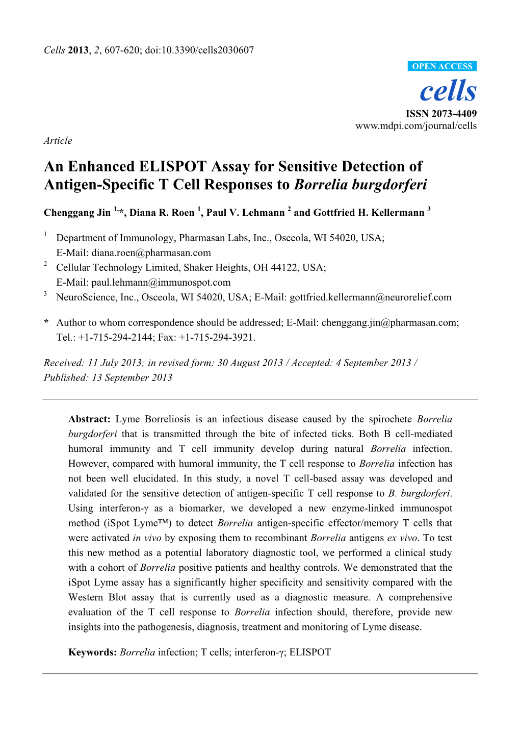 An Enhanced ELISPOT Assay for Sensitive Detection of Antigen-Specific T Cell Responses to Borrelia Burgdorferi