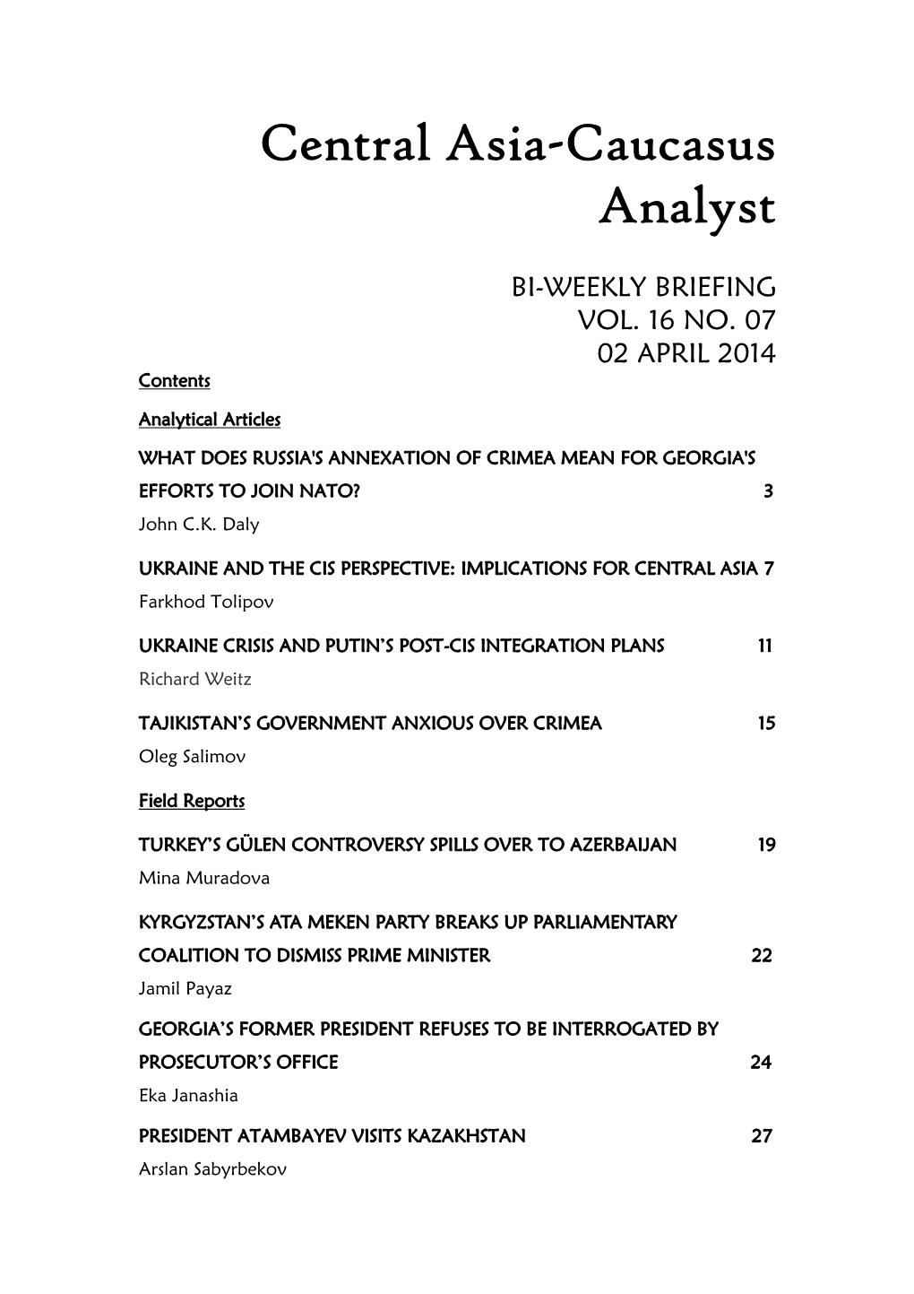 Central Asia-Caucasus Analyst