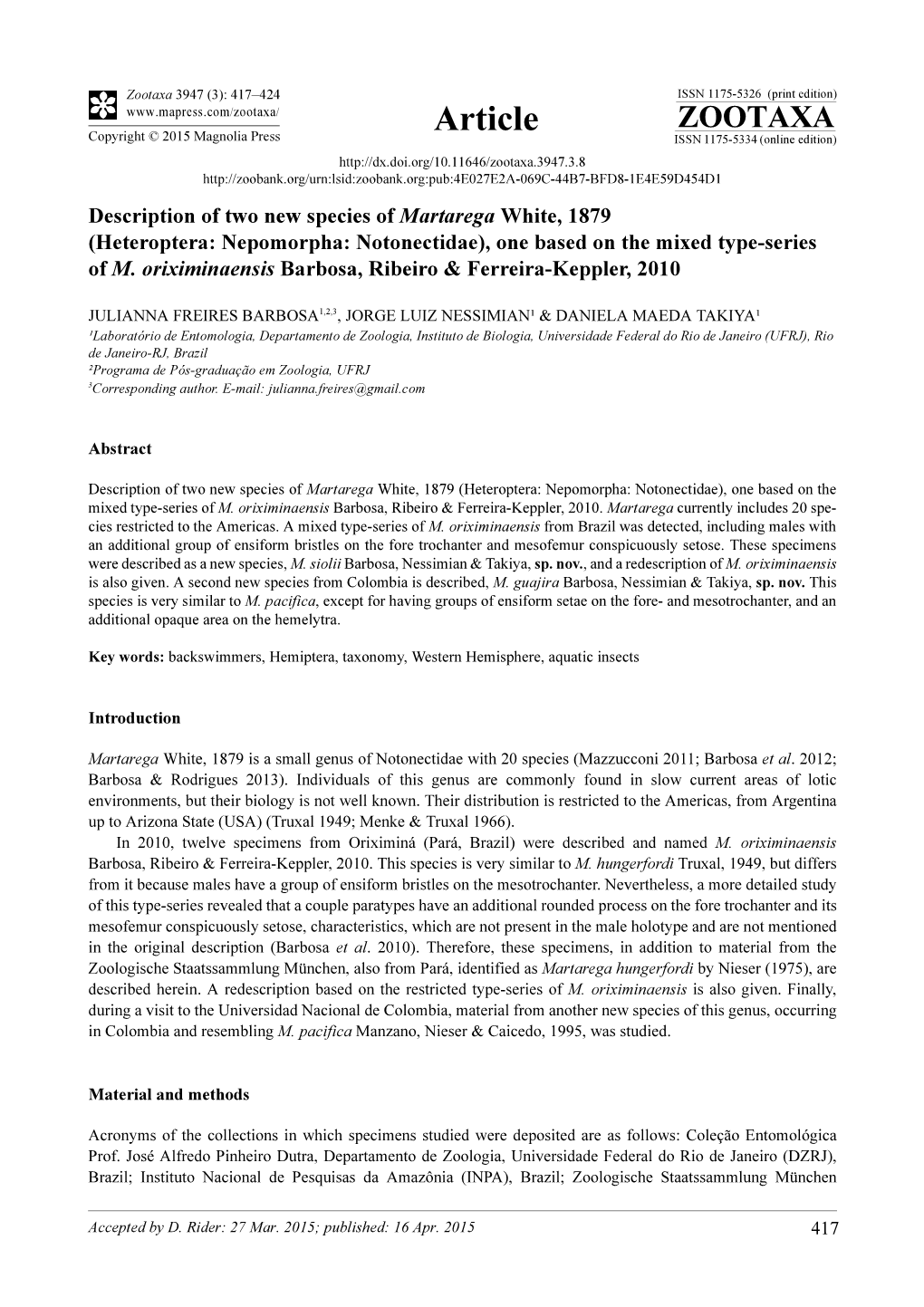 Heteroptera: Nepomorpha: Notonectidae), One Based on the Mixed Type-Series of M