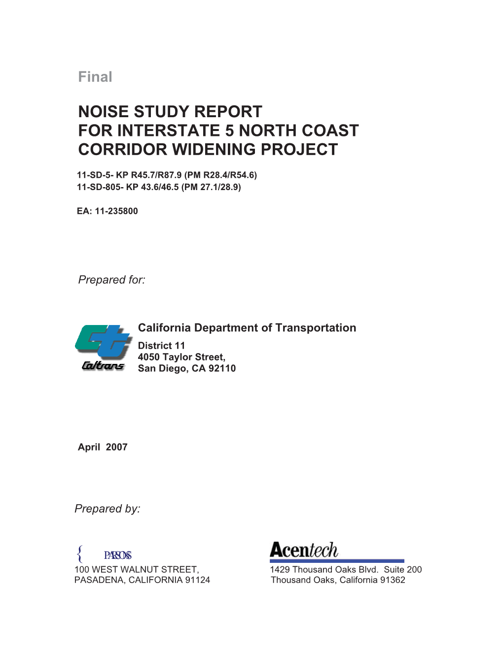 Final Noise Study Report for Interstate 5 North Coast Corridor