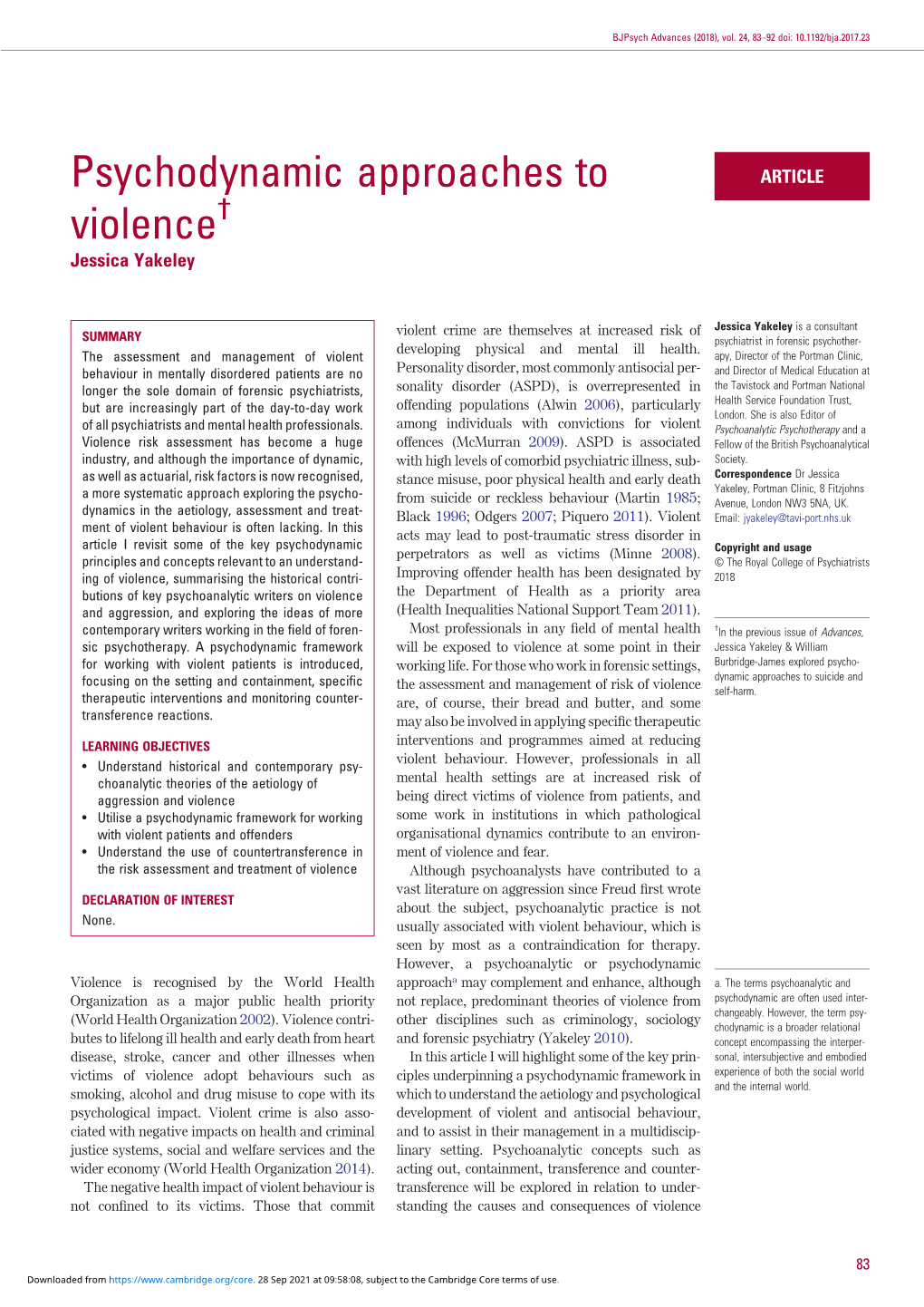 Psychodynamic Approaches to Violence