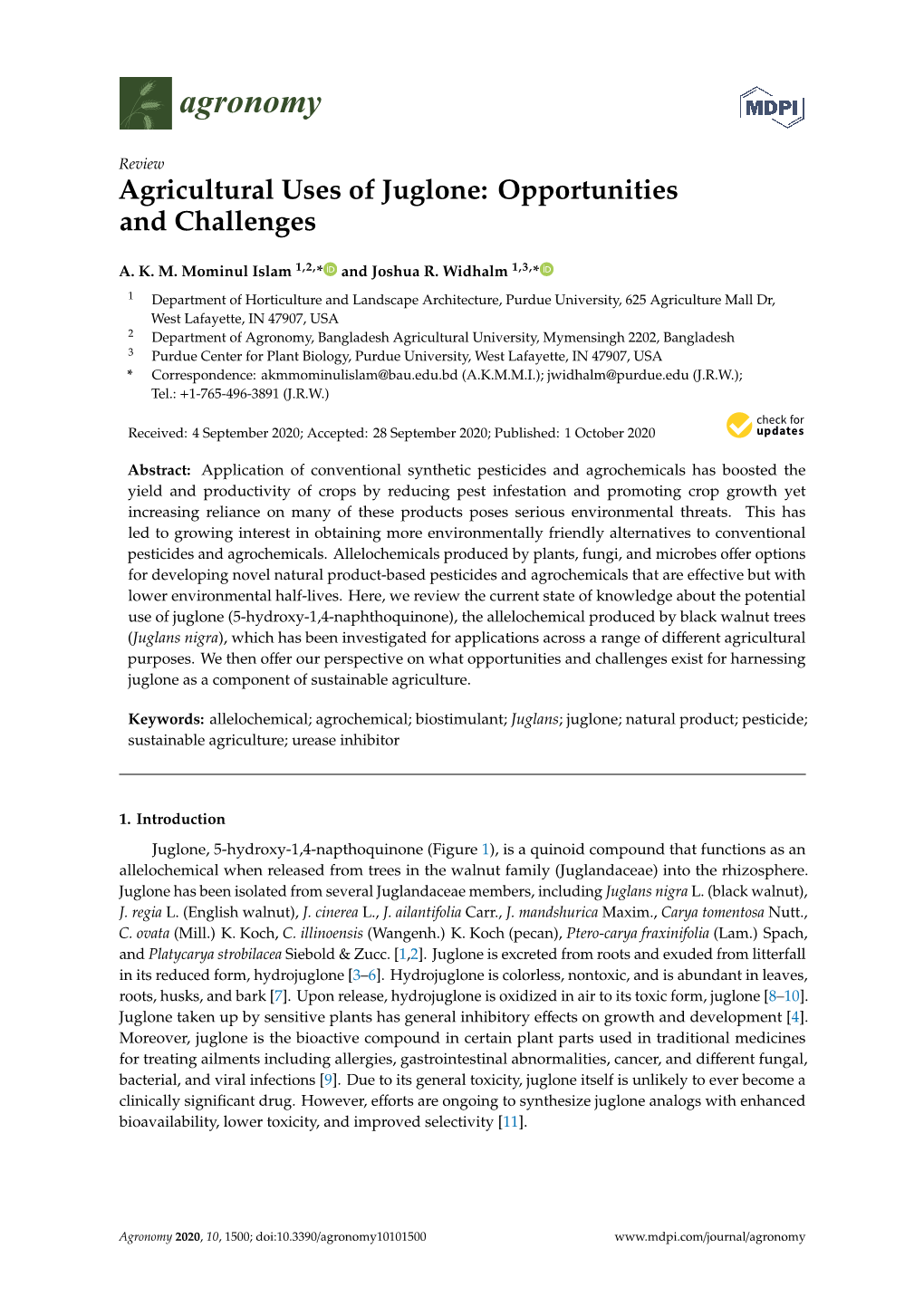 Agricultural Uses of Juglone: Opportunities and Challenges